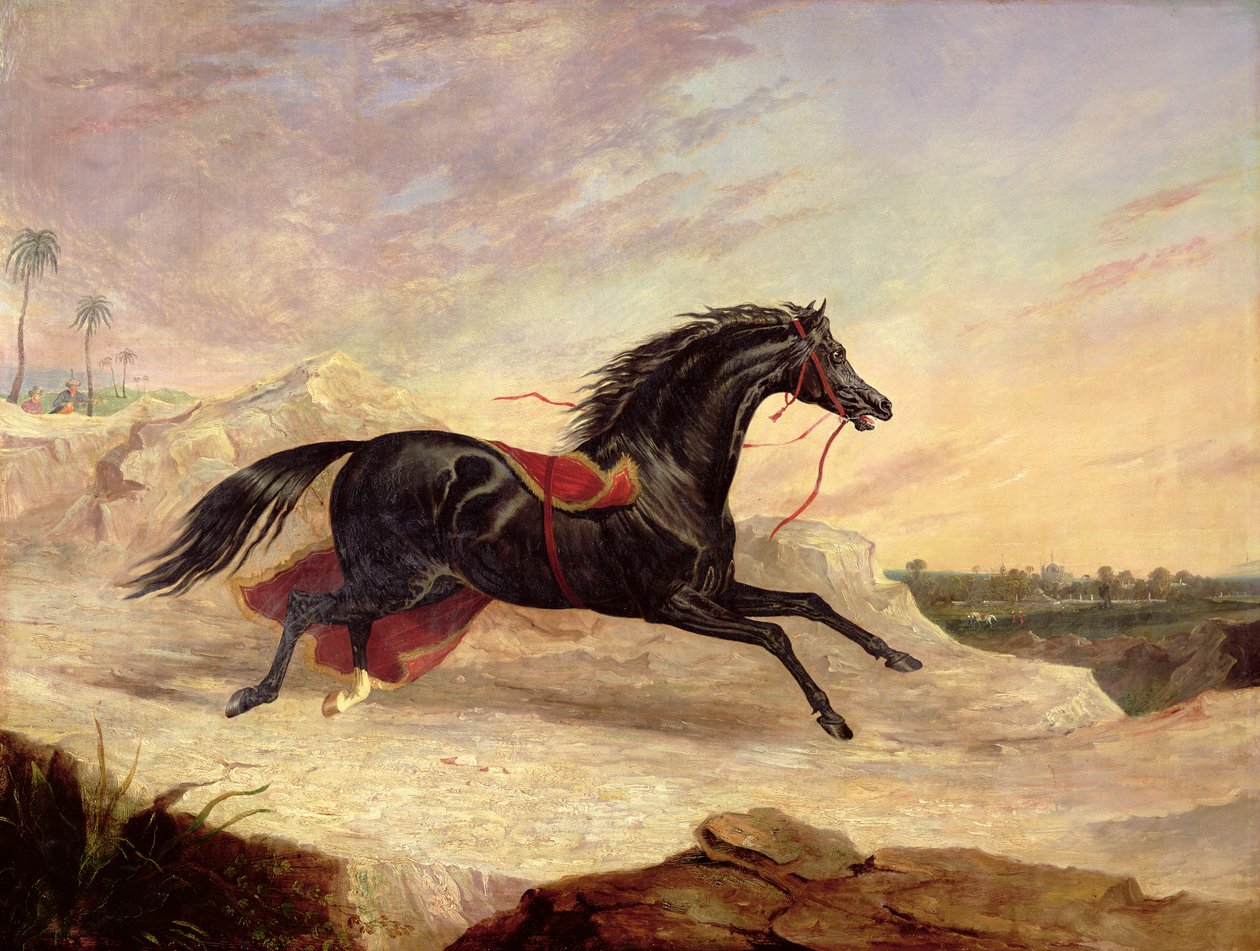 Arabes poursuivant un cheval arabe en liberté dans un paysage oriental - John Frederick Herring Senior
