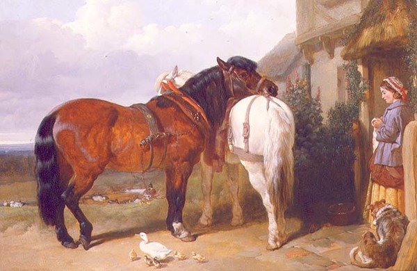 Chevaux de trait à la porte d