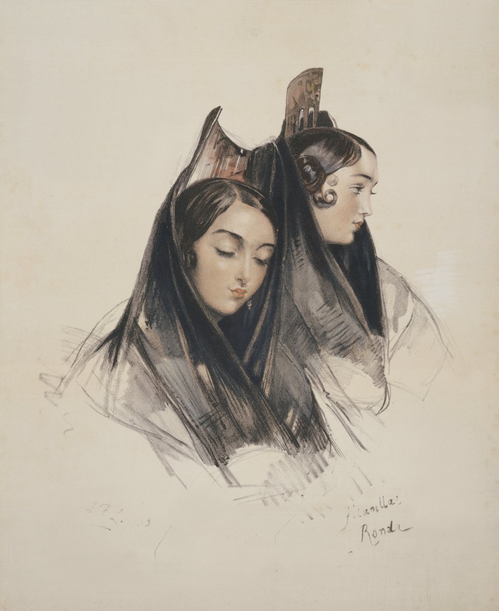 Filles de la Ronda, Andalousie, planche 11 de Sketches of Spain, gravé par Charles Joseph Hullmandel (1789-1850) publié en 1836 - John Frederick Lewis