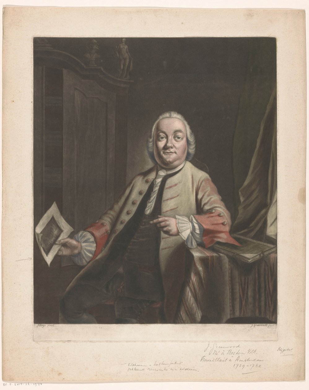 Portrait de Simon Fokke tenant la gravure du pillage de la maison de Gerrit Hagedooren, 1751 - John Greenwood
