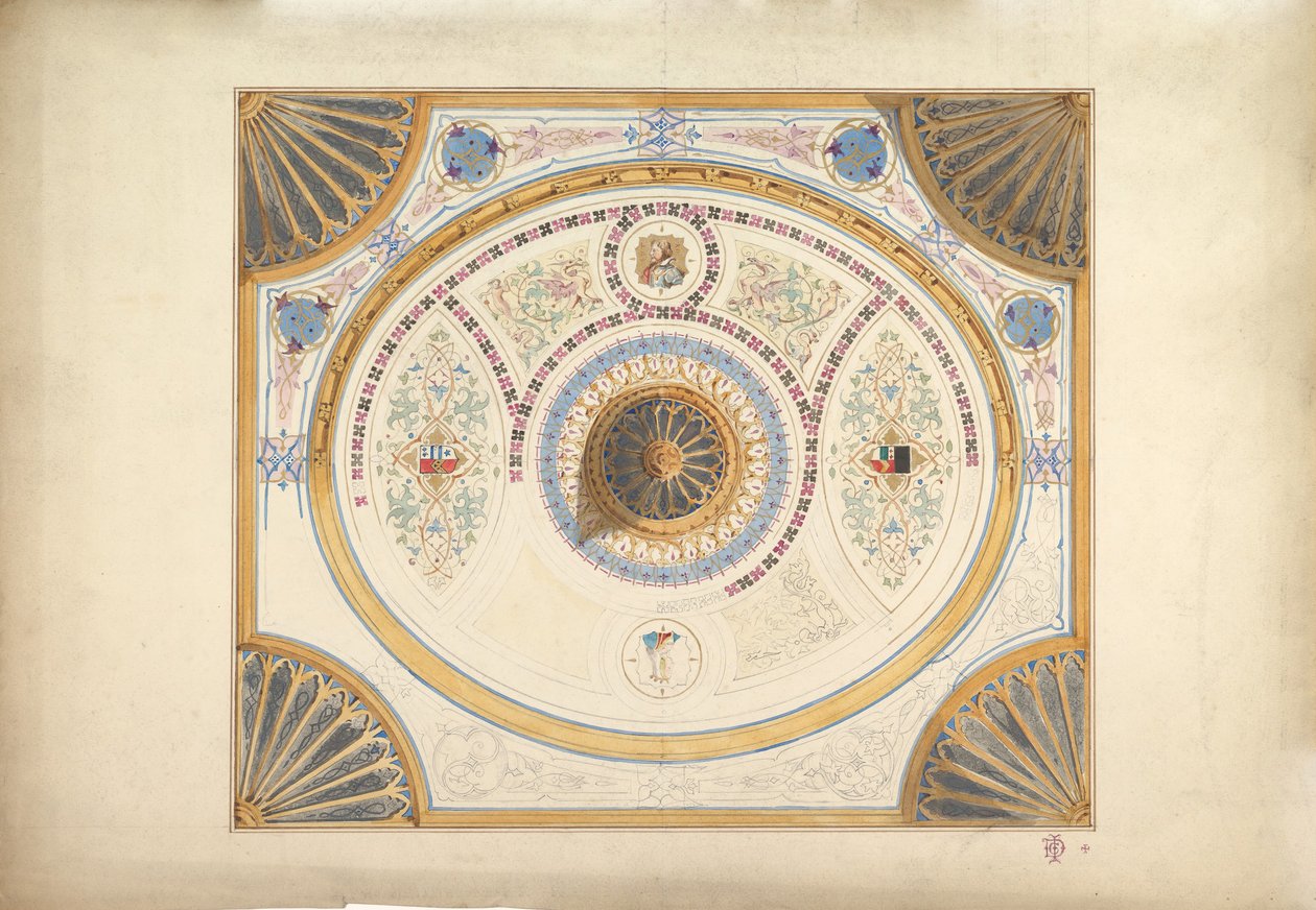 Conception pour un plafond avec deux portraits et des supports en éventail aux coins - John Gregory Crace