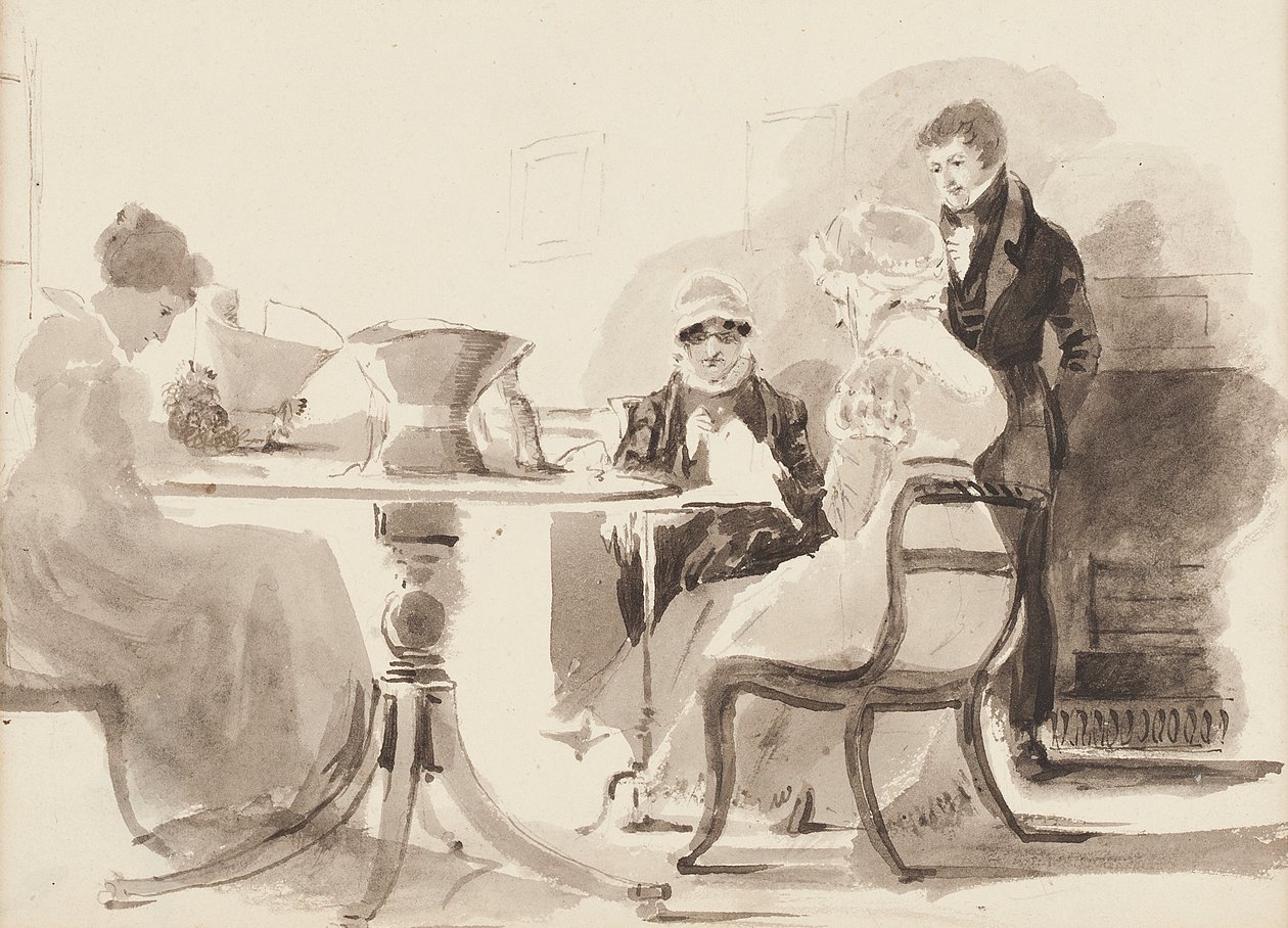 Homme debout à une table avec trois femmes assises - John Harden