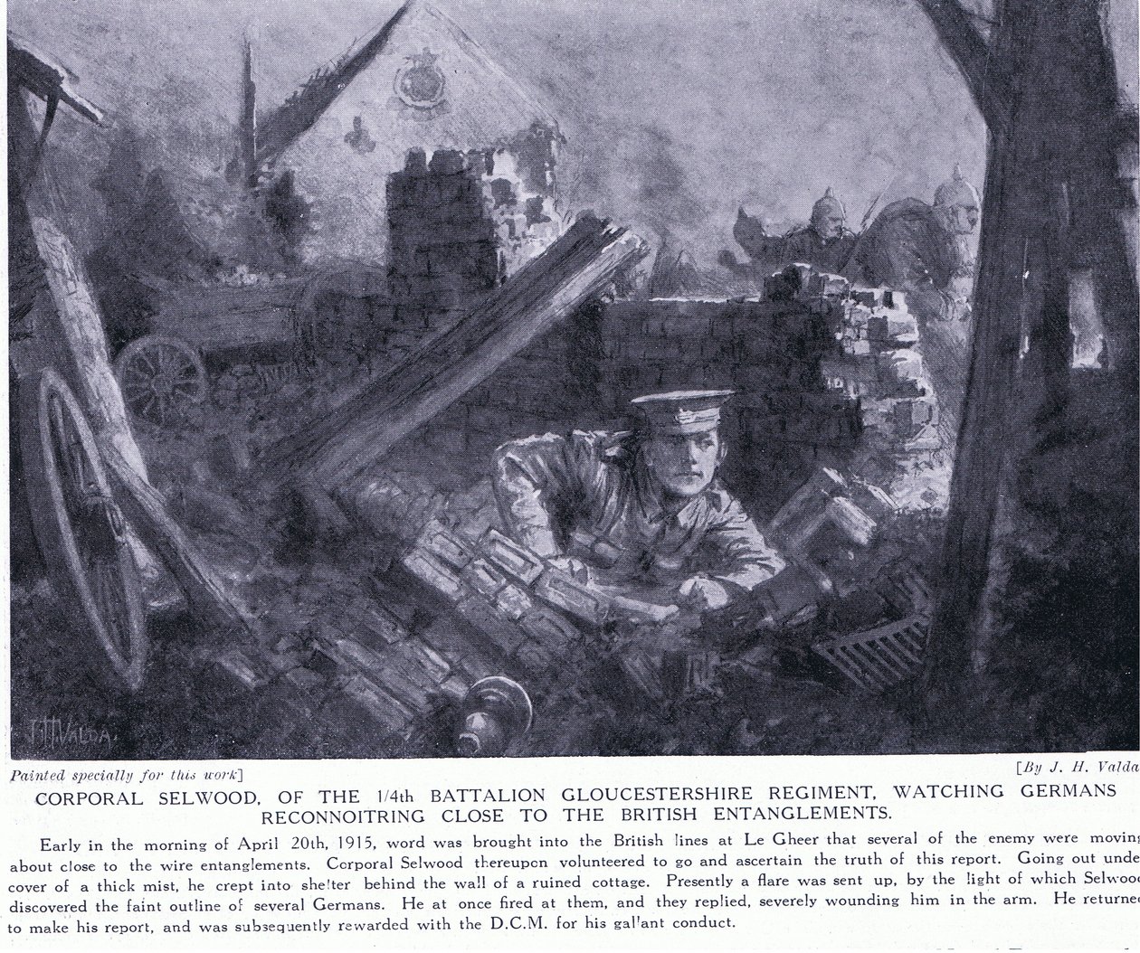 Le caporal Selwood a remporté un DCM pour avoir observé des Allemands en reconnaissance près des enchevêtrements britanniques à Le Gheer avril 1915 - John Harris Valda