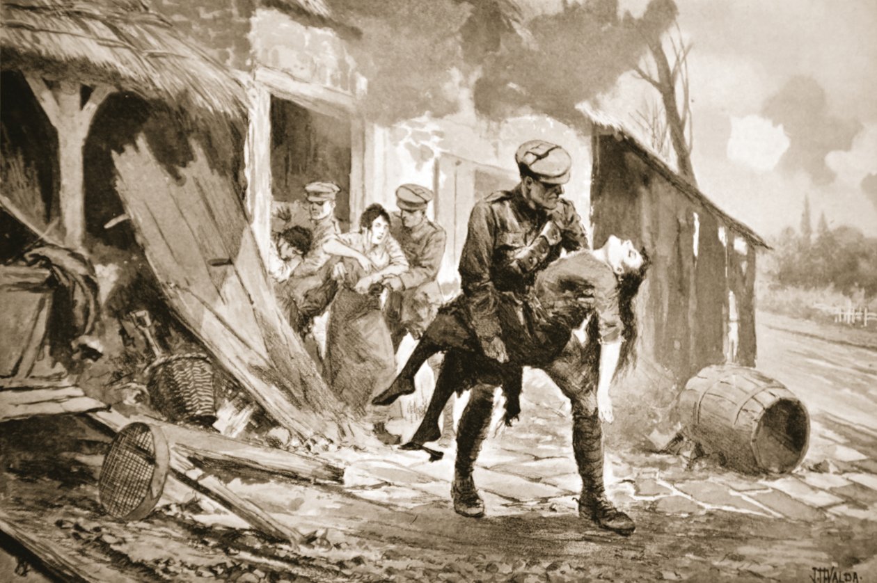 Le canonnier Rafferty portant une femme blessée en sécurité depuis une ferme bombardée - John Harris Valda