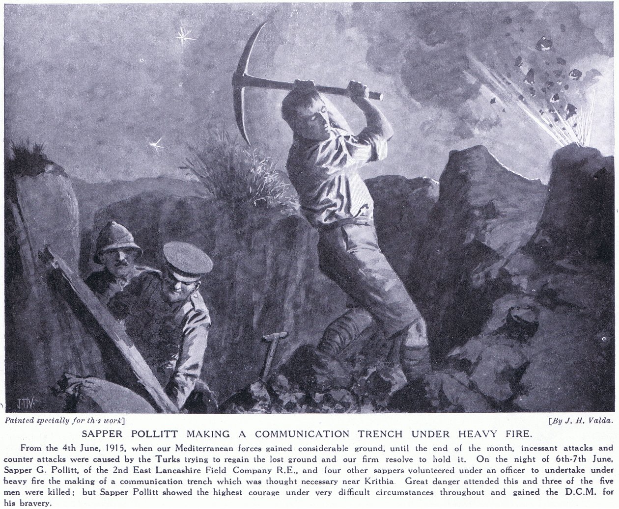 Sapeur Pollitt creusant une tranchée de communication sous un feu nourri à la péninsule de Gallipoli en juin 1915 - John Harris Valda