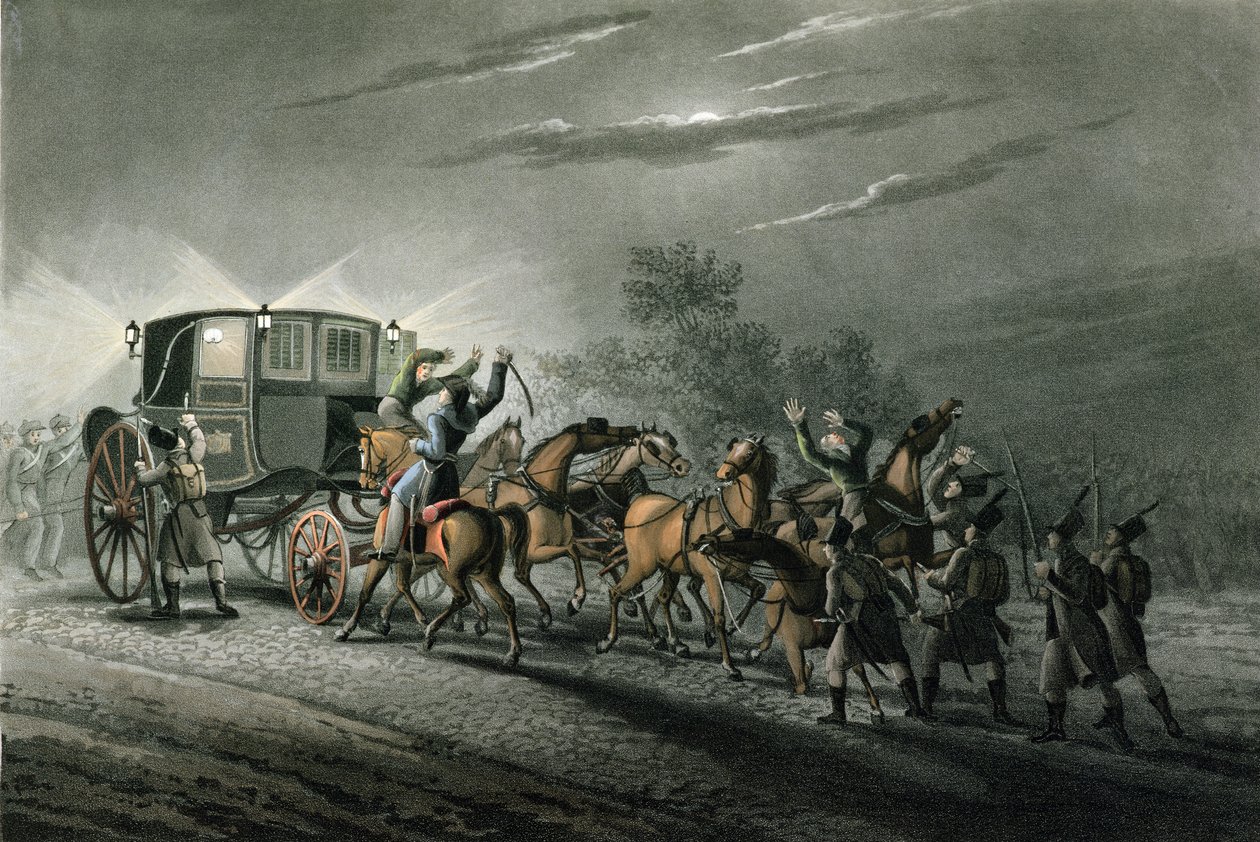 La capture de la voiture, des papiers et du trésor de Bonaparte par le major von Keller, Waterloo, 18 juin 1815, gravée par Matthew Dubourg - John Heaviside Clark