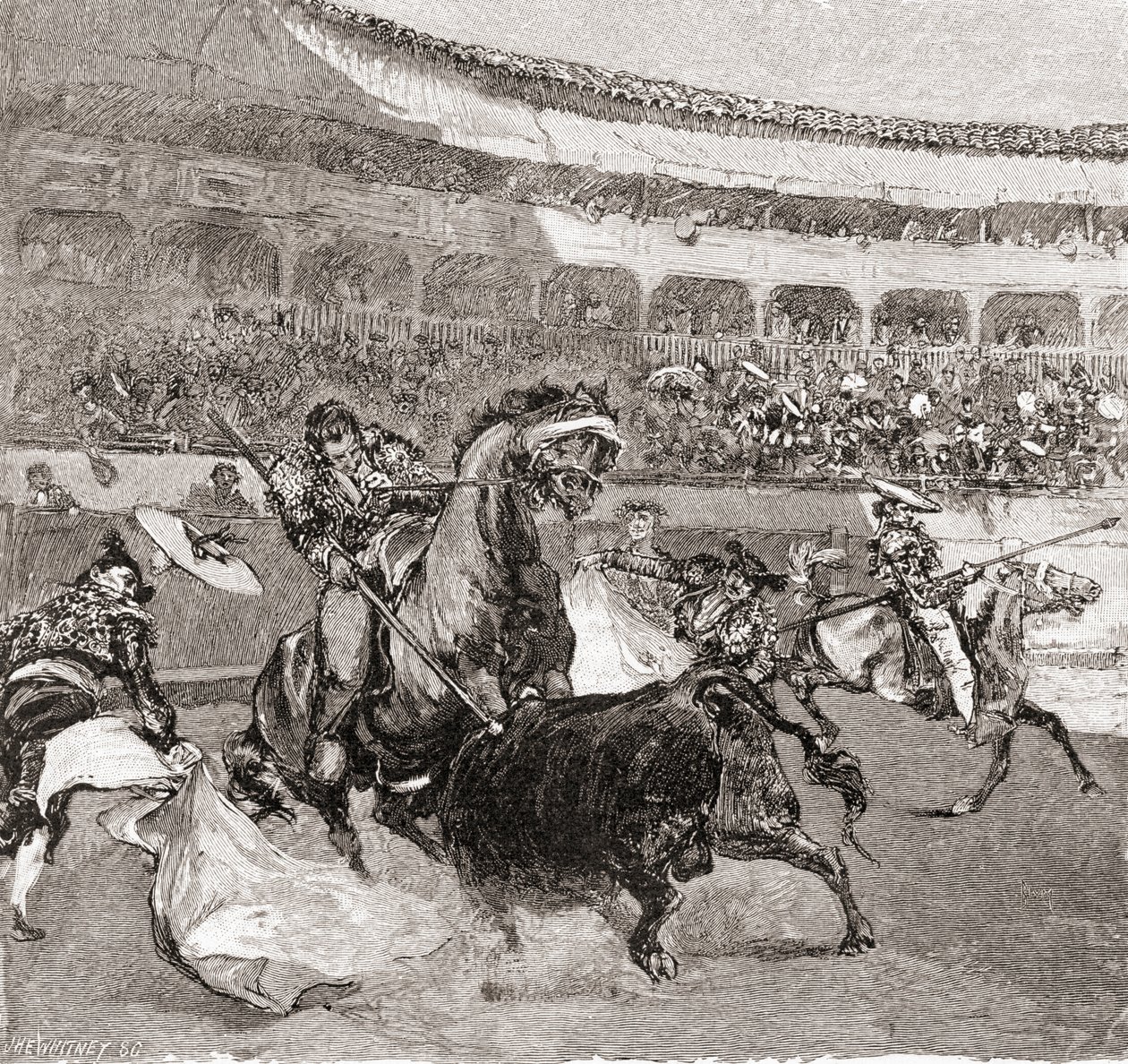 Une corrida à Séville, en Espagne, tirée du magazine « The Century Illustrated Monthly Magazine », publié en 1884 (gravure sur bois). - John Henry Ellsworth Whitney