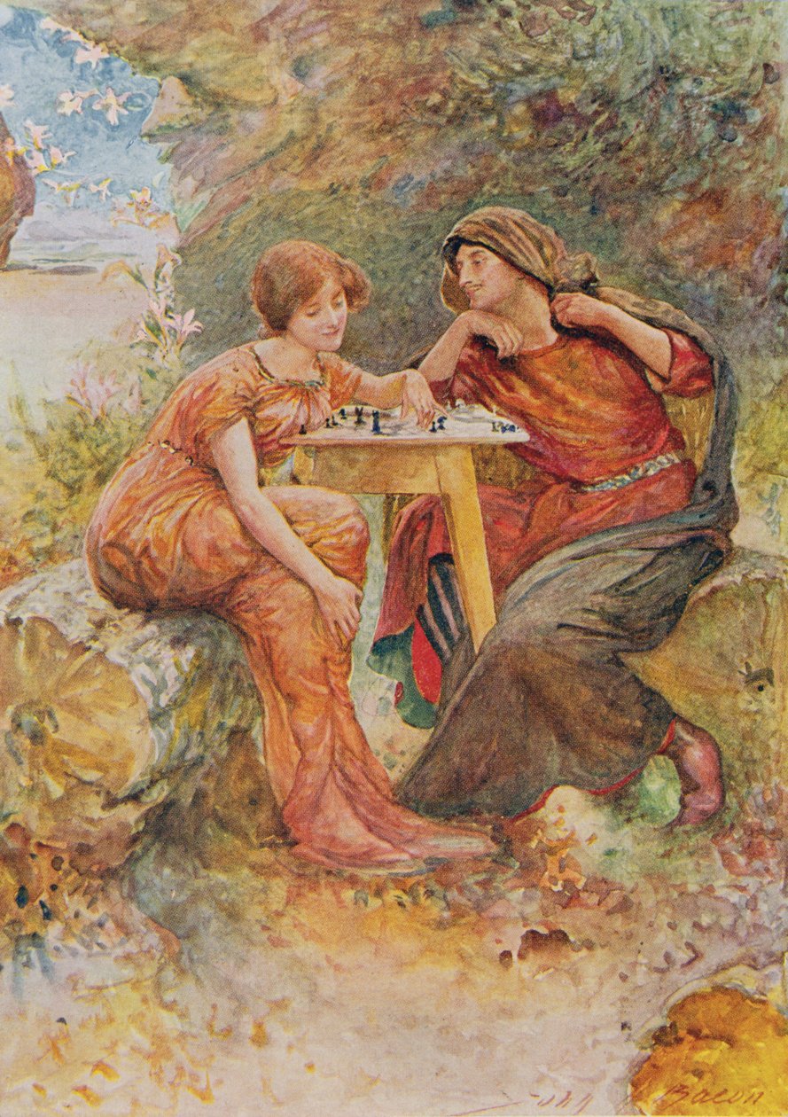 Ferdinand et Miranda dans La Tempête de Histoires pour enfants de Shakespeare par Edith Nesbit (1858-1924) pub. par Raphael Tuck & Sons Ltd., Londres (illustration de livre) - John Henry Frederick Bacon