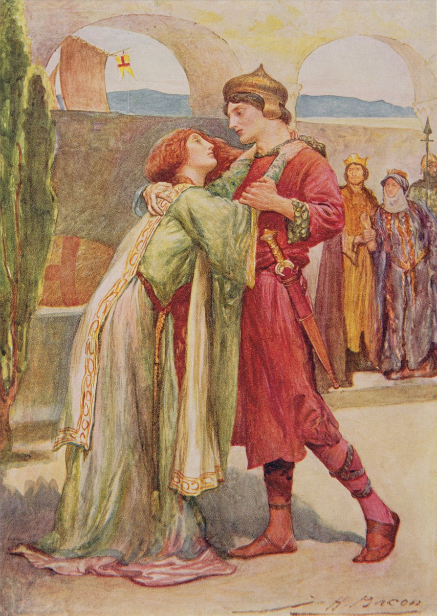 Posthumus et Imogen dans Cymbeline de Histoires pour enfants de Shakespeare par Edith Nesbit (1858-1924) pub. par Raphael Tuck & Sons Ltd., Londres (illustration de livre) - John Henry Frederick Bacon