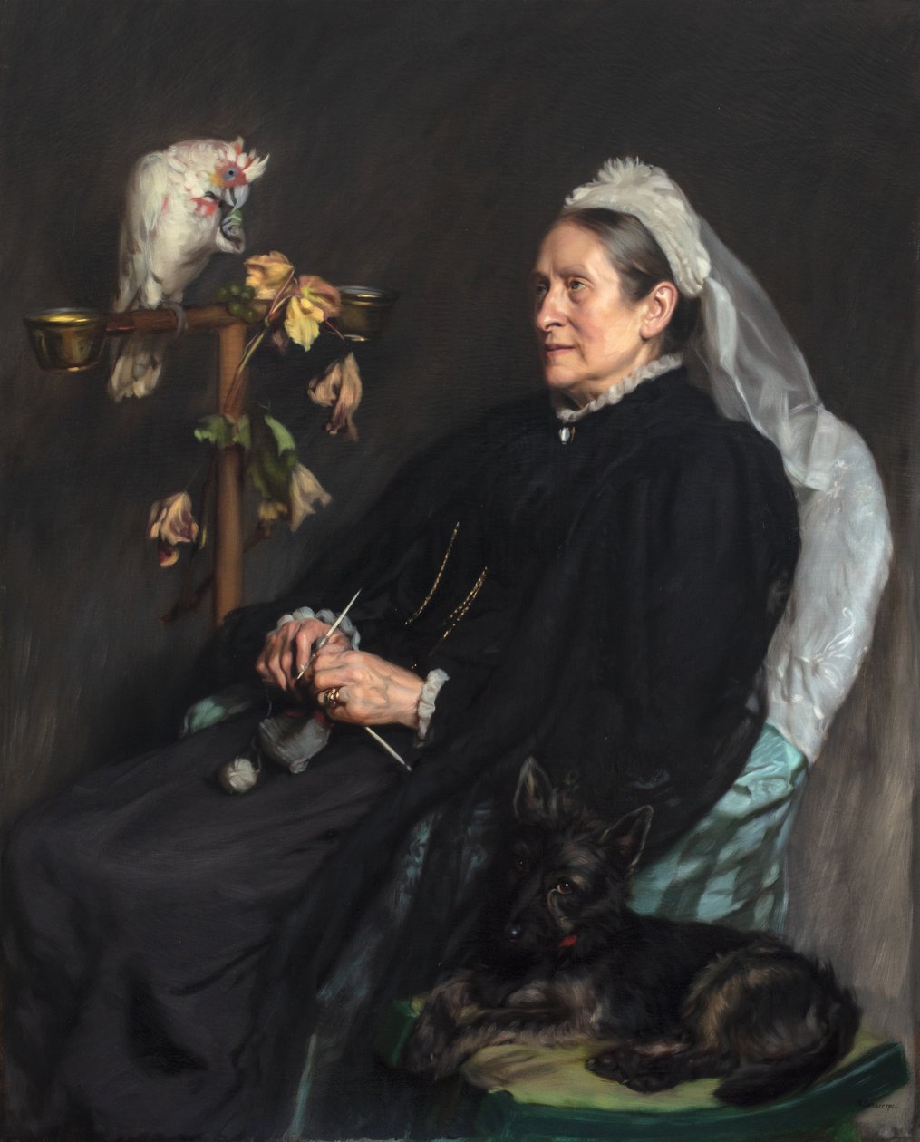 Vieille dame et ses animaux de compagnie, posée par Mme William Sommerville - John Henry Lorimer