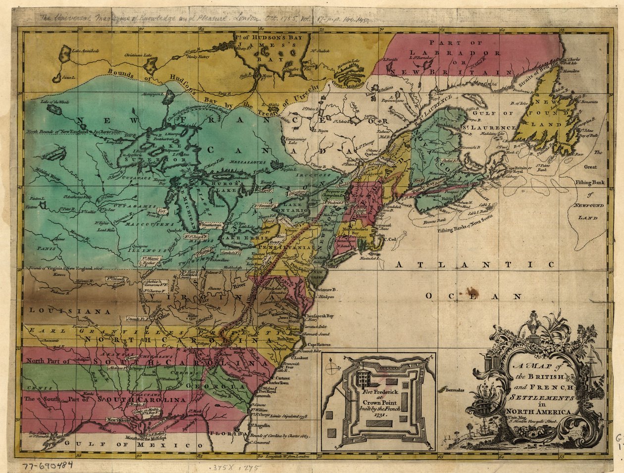 Une carte des établissements britanniques et français en Amérique du Nord. LOC 77690484 - John Hinton