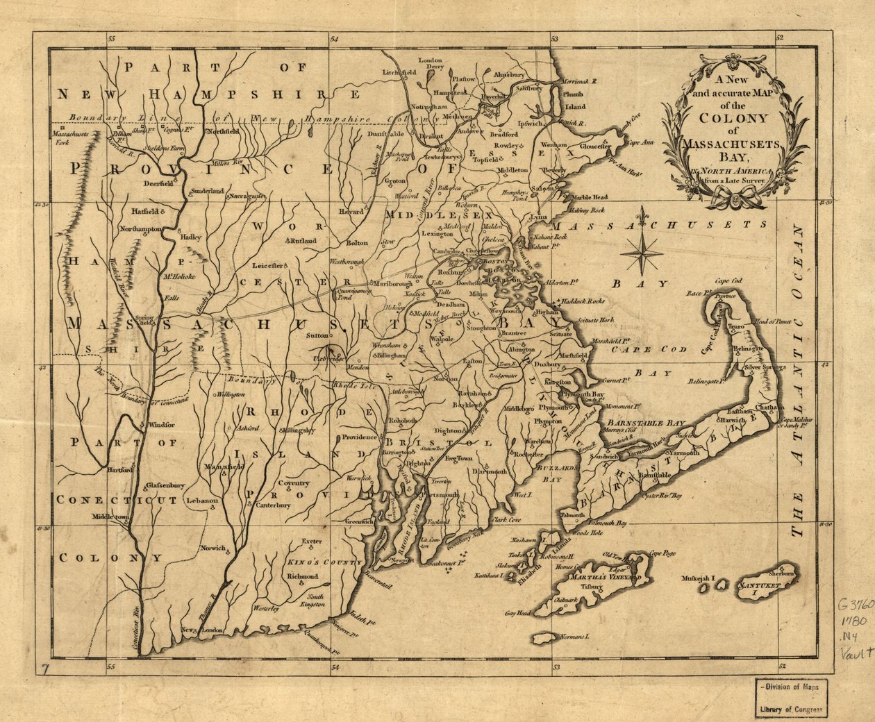 Une nouvelle carte précise de la colonie de Massachusetts (i.e. Massachusetts) Bay, en Amérique du Nord, provenant d