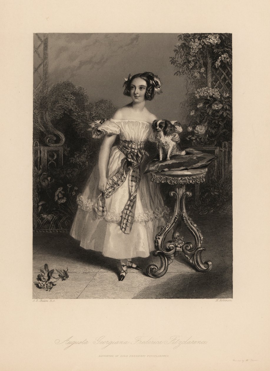 Augusta Georgina Frederica Fitzclarence, fille de Lord Frederic Fitzclarence, fils illégitime du roi Guillaume IV. Elle porte ses cheveux en boucles et rubans, et une robe décolletée nouée avec une ceinture, tenant un épagneul King Charles sur un coussin - John James (after) Chalon