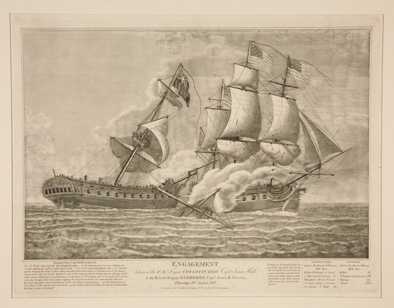 Engagement entre la frégate américaine Constitution et la frégate britannique Guerrière - John James Barralet