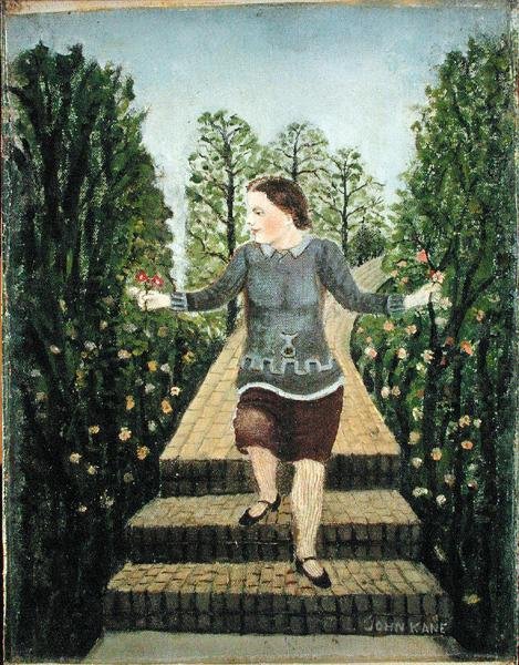 Fille descendant les marches du jardin - John Kane