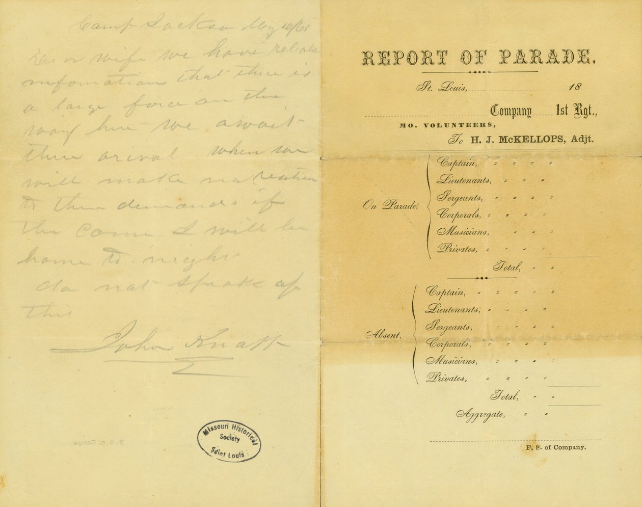 Lettre de John Knapp, Camp Jackson, à sa femme, 10 mai 1861 - John Knapp