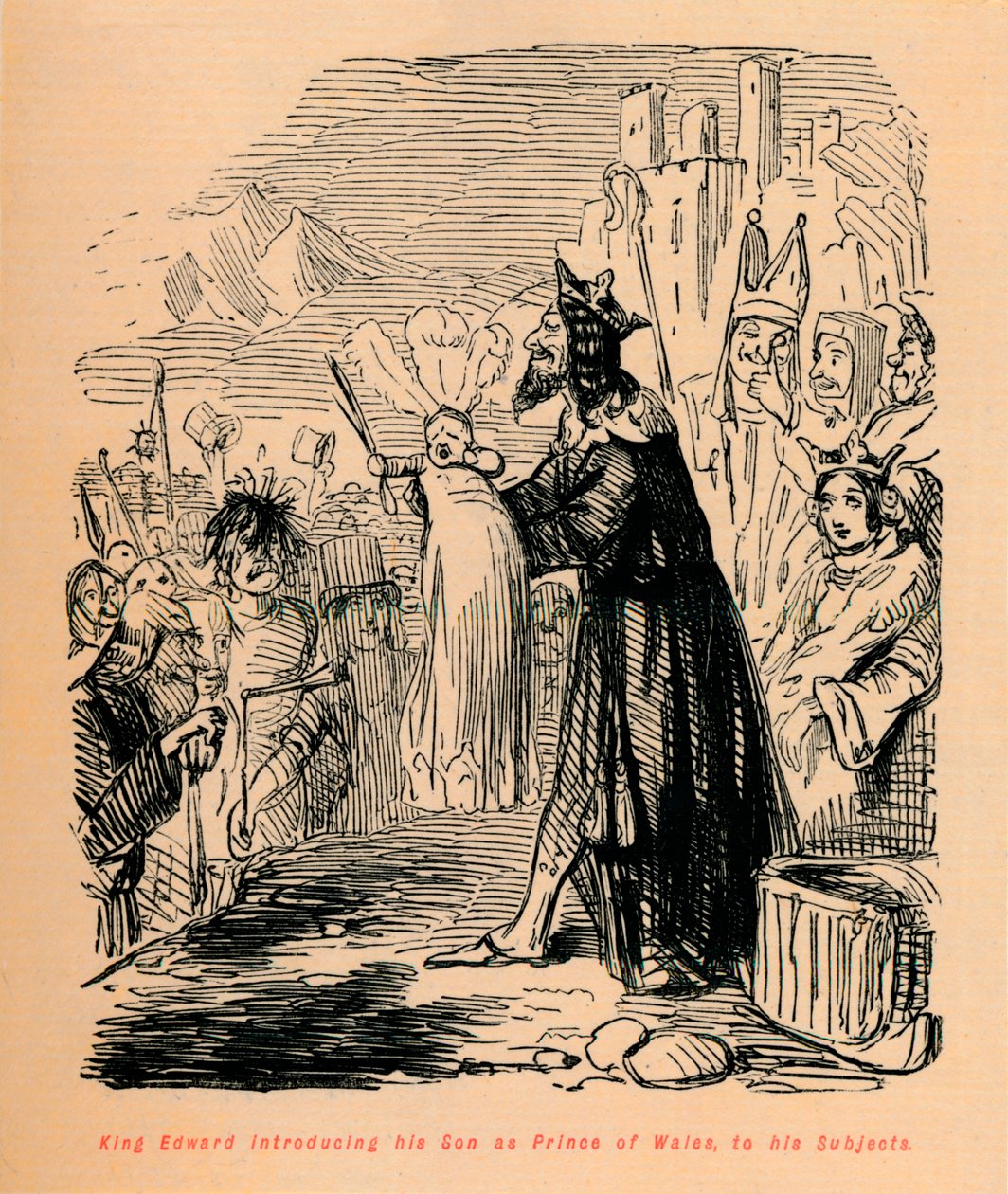 Le roi Édouard présentant son fils comme prince de Galles à ses sujets, vers 1860 - John Leech
