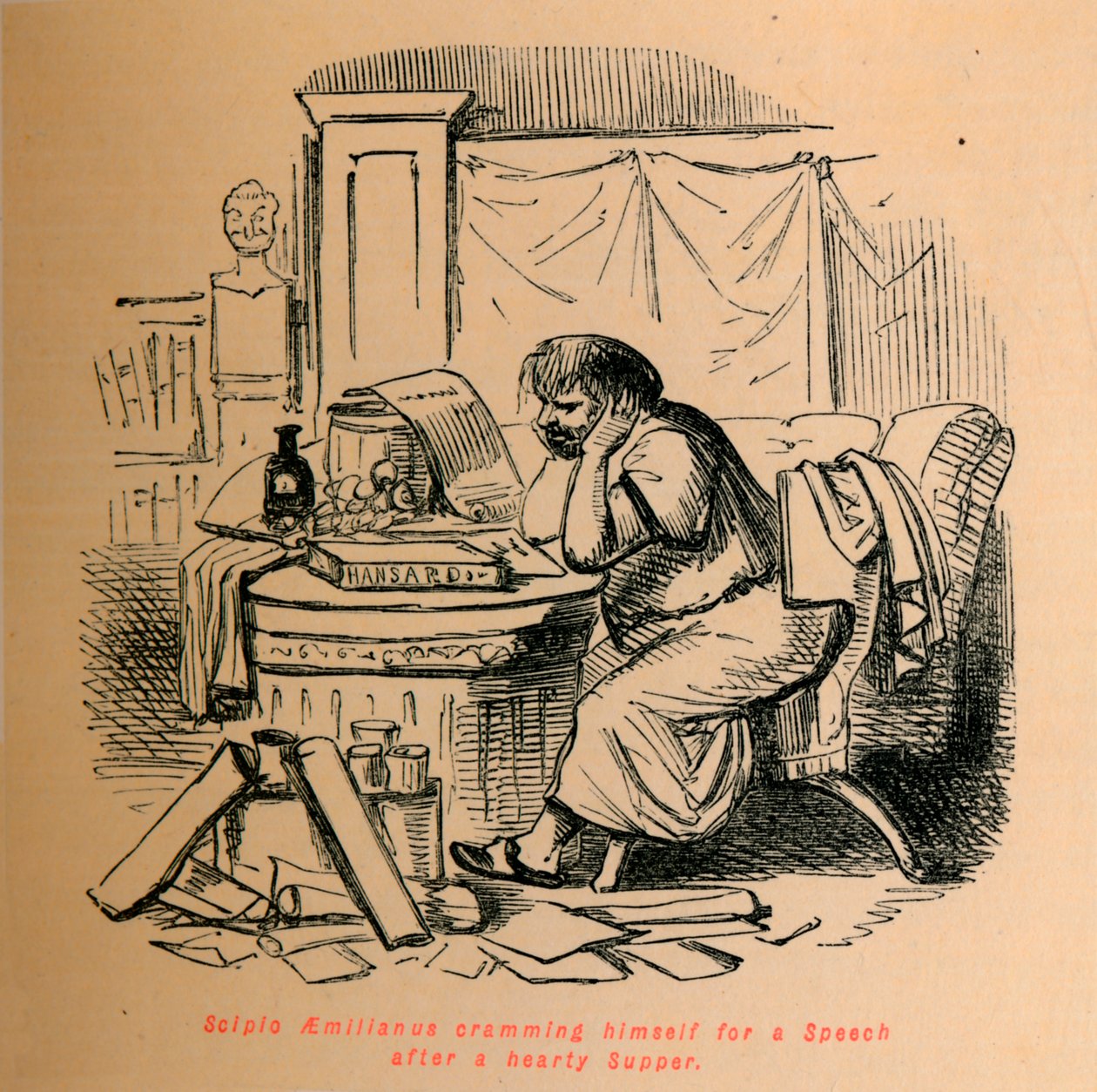 Scipion Émilien se préparant pour un discours après un copieux souper, 1852 - John Leech