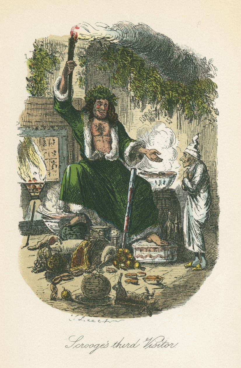 Le Fantôme du Noël présent apparaissant à Scrooge. Illustration de John Leech pour Un chant de Noël de Charles Dickens, Londres 1843-1834 - John Leech