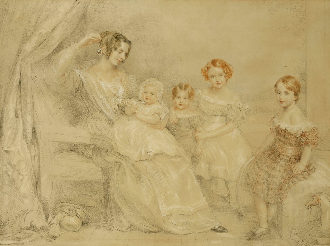 Portrait de Mme W.S. Fry et de ses quatre enfants : Emma, Willy, Julie et Georgina, assis dans un intérieur, 1840 - John Linnell