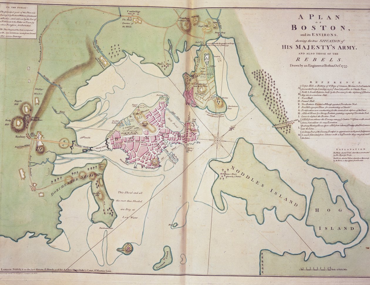 Plan de Boston et de ses environs montrant la position des forces britanniques et des forces rebelles américaines, dessiné en octobre 1775, imprimé dans 