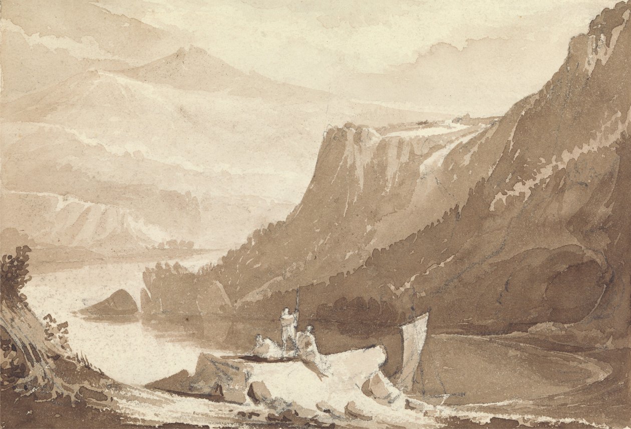 Paysage montagneux avec figures et un rocher au-dessus d
