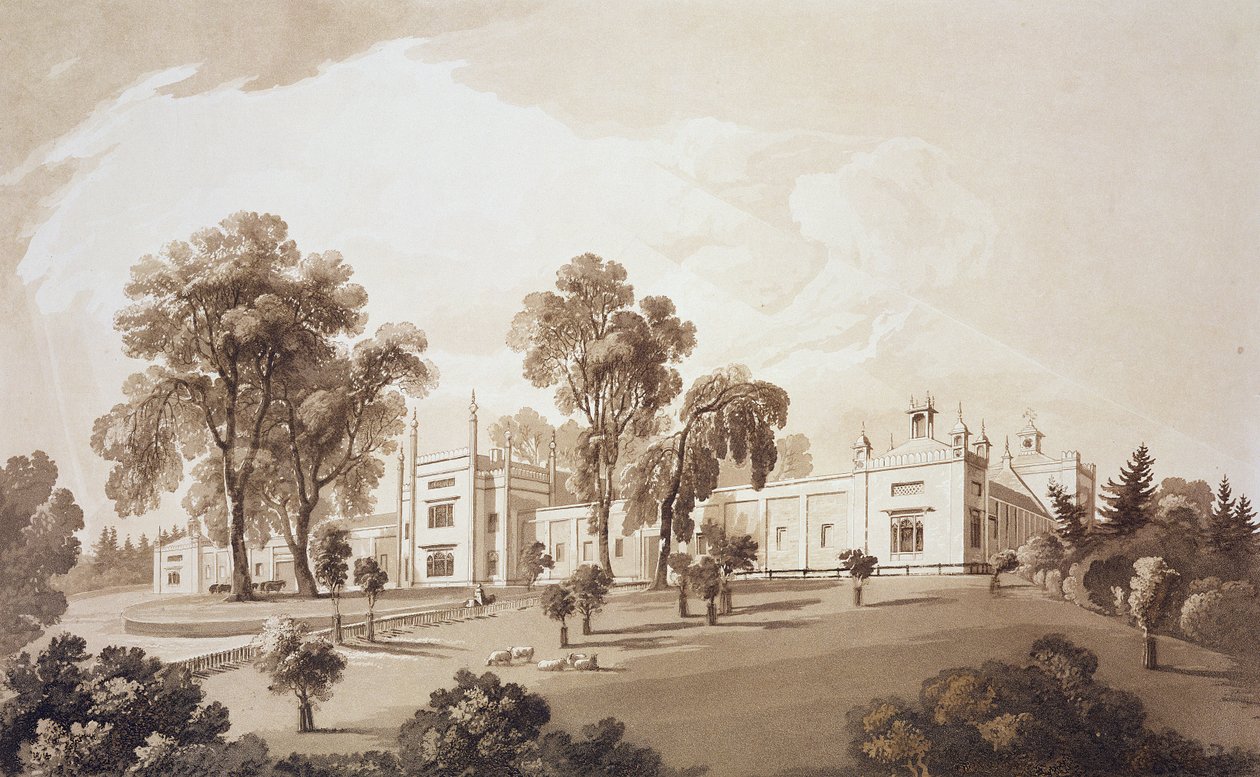 Vue de la Ferme avec Écran pour les Écuries et Bâtiments Agricoles à Sezincote House, gravé par Frederick Christian Lewis Snr. (1779-1856), c.1817-18 - John Martin