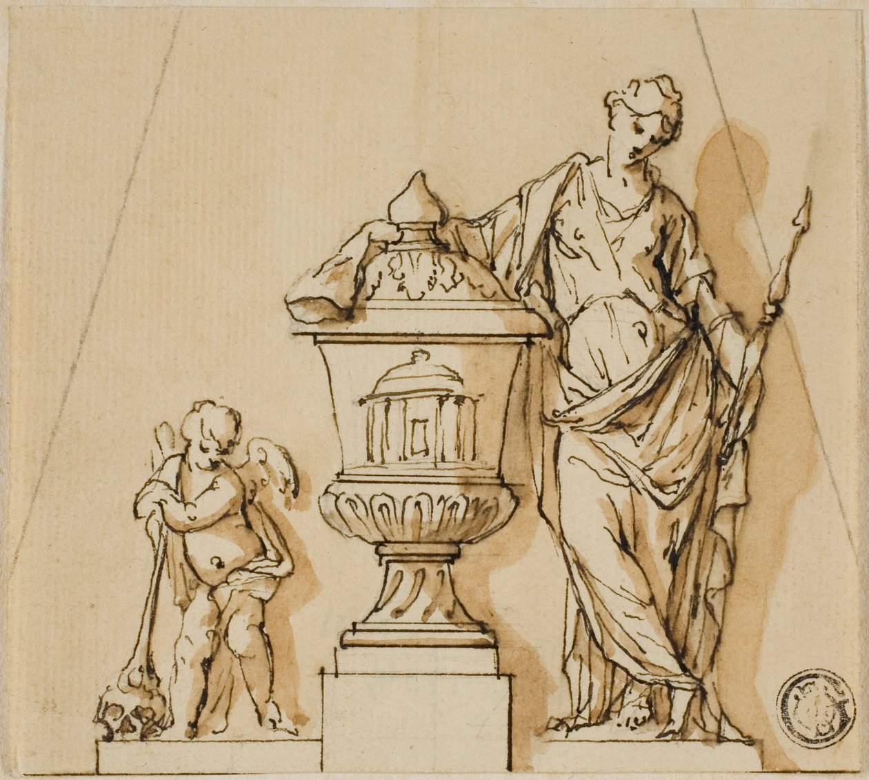 Conception pour un monument funéraire avec le Destin, Putto et Urne - John Michael Rysbrack