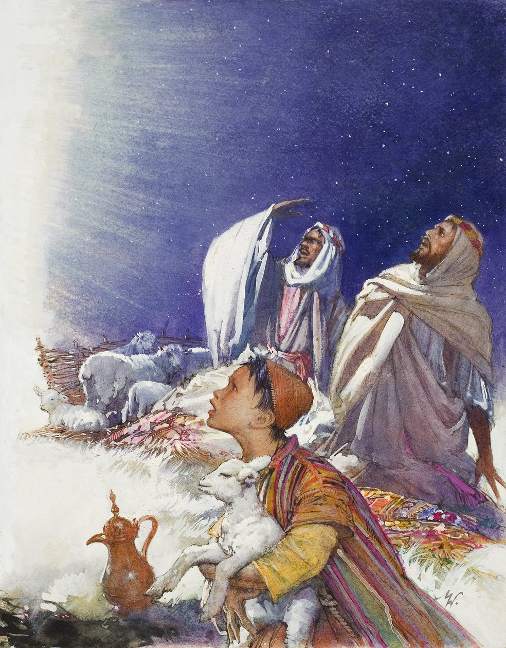 Le conte de Noël : Le conte des bergers (gouache sur papier) - John Millar Watt