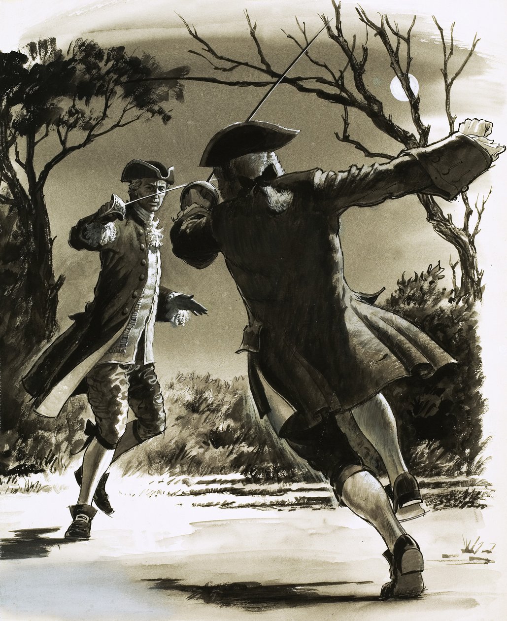 Hommes non identifiés se battant en duel avec des épées au clair de lune - John Millar Watt