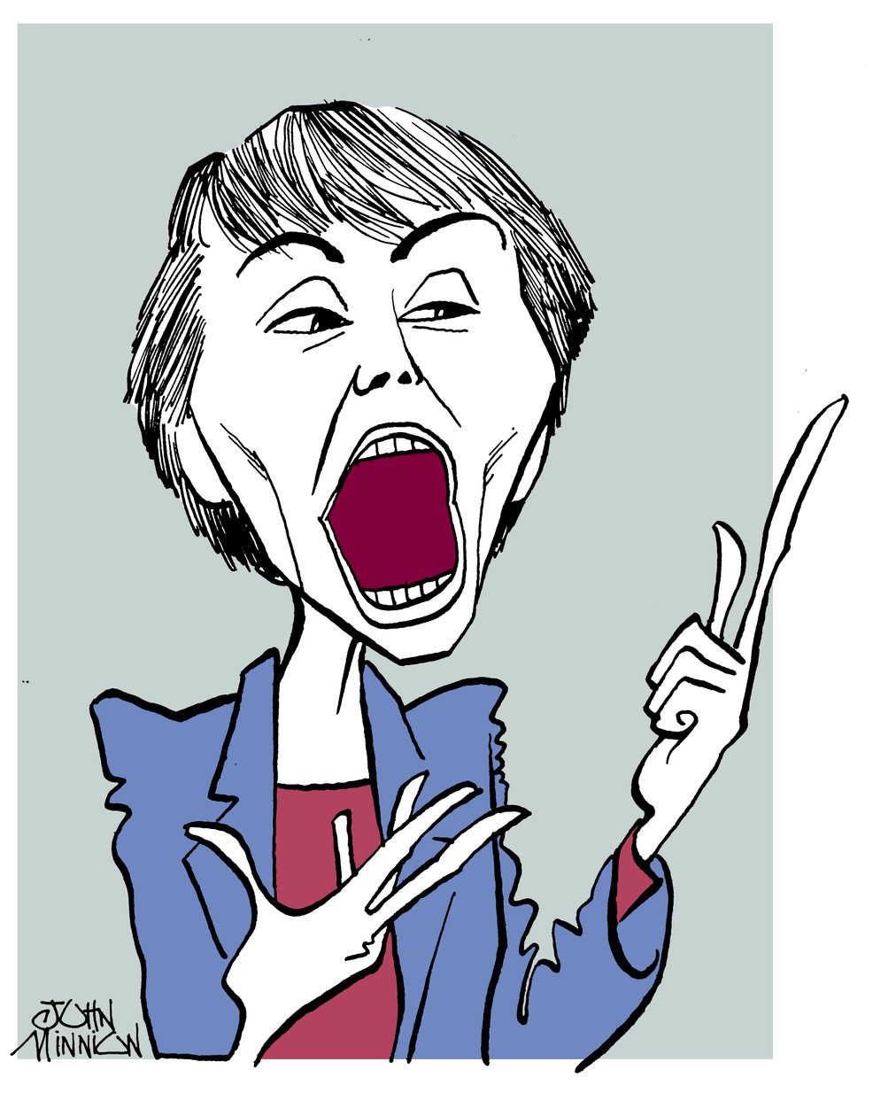 Camille Paglia - caricature avec la bouche ouverte - John Minnion