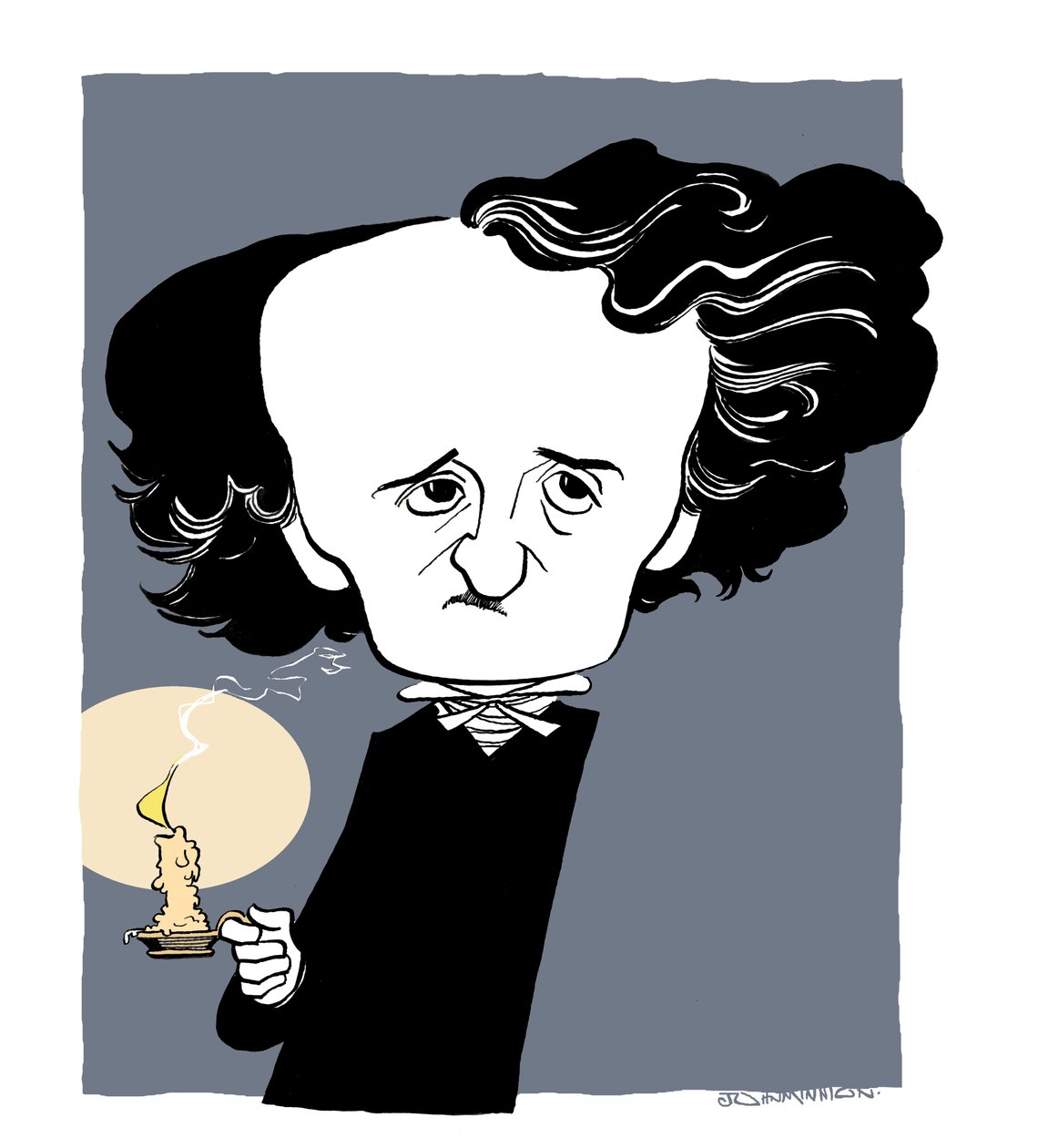 Edgar Allan Poe - caricature, tenant un bâton de bougie - John Minnion