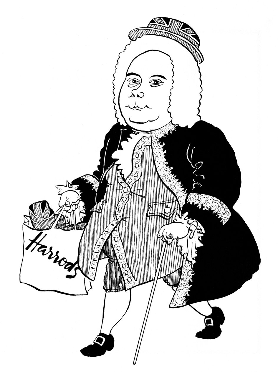 Georg Friedrich - George Frideric Handel - caricature du compositeur allemand (puis anglais) avec un chapeau Union Jack et un sac Harrods - John Minnion