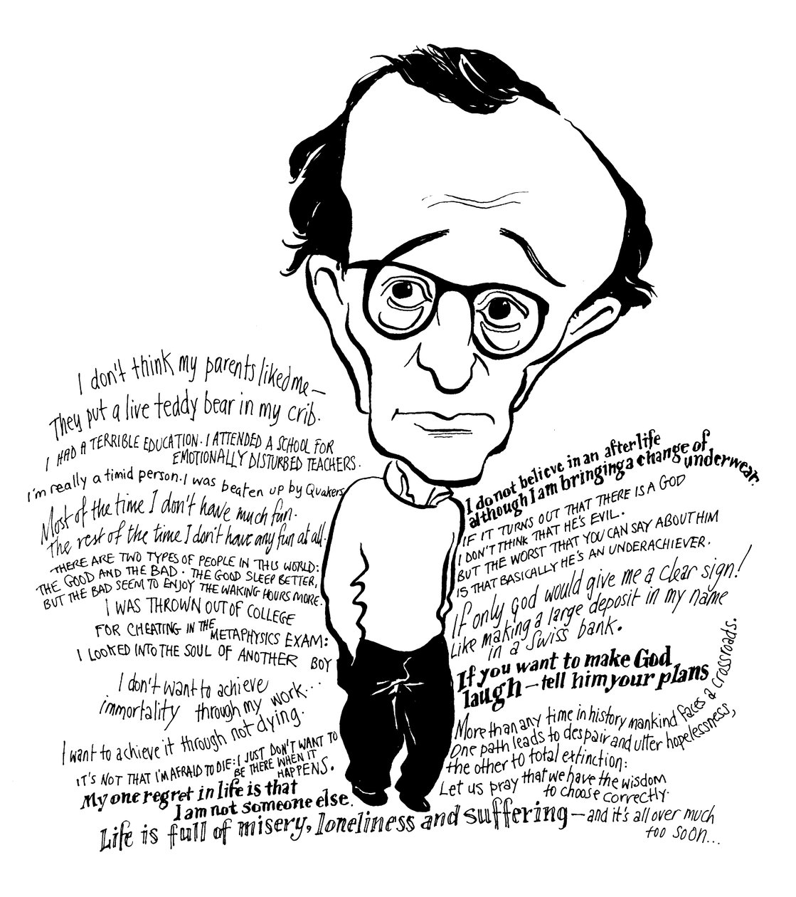 Caricature de Woody Allen, réalisateur, scénariste, acteur, humoriste et dramaturge américain : b - John Minnion