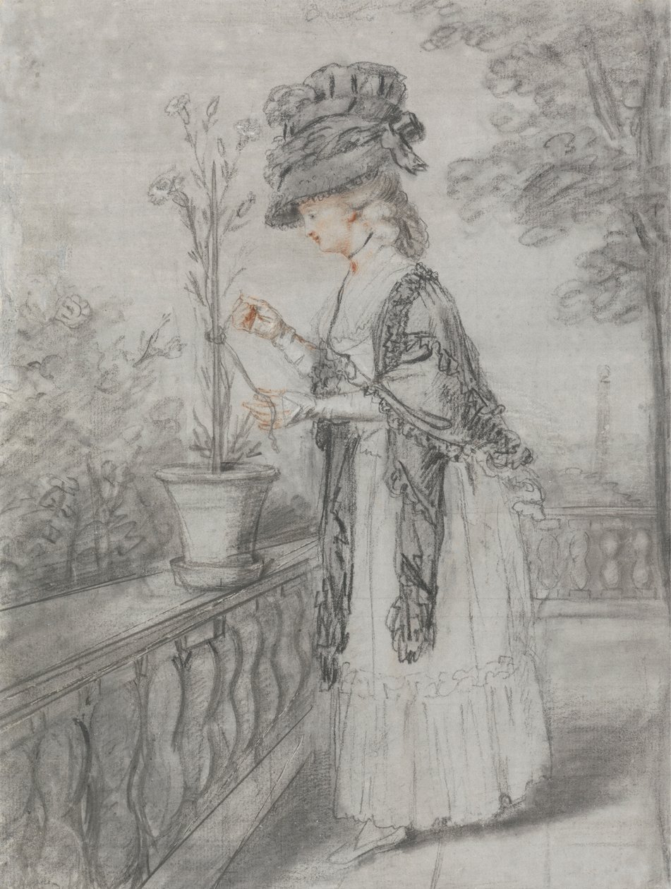 Dame sur une terrasse soignant un œillet - John Raphael Smith
