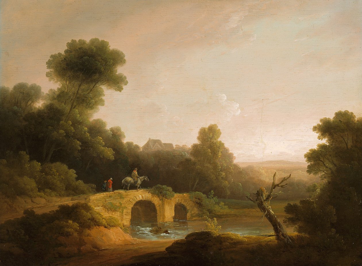 Paysage avec des figures traversant un pont - John Rathbone