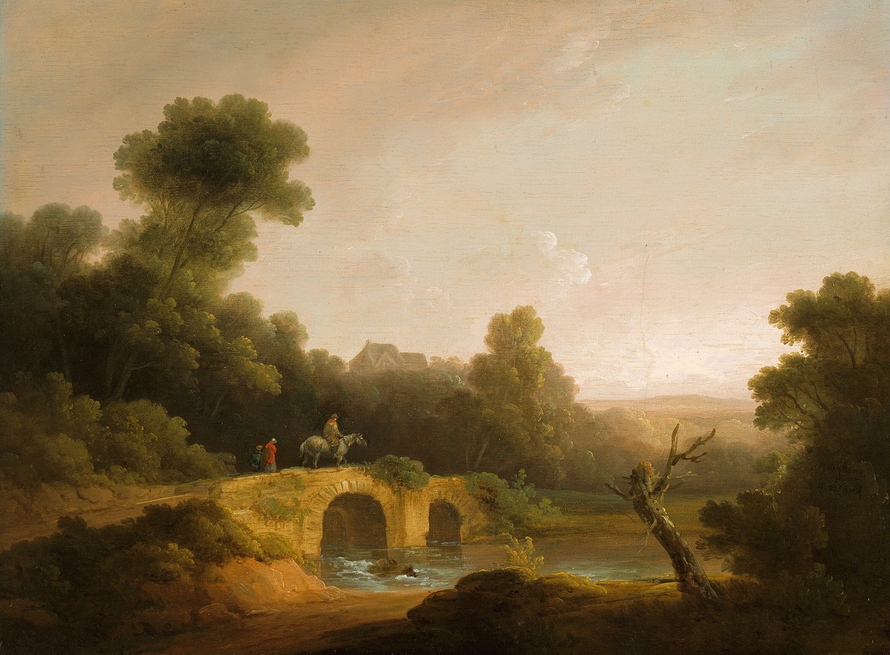 Paysage avec des personnages traversant un pont, 1790-1800 - John Rathbone