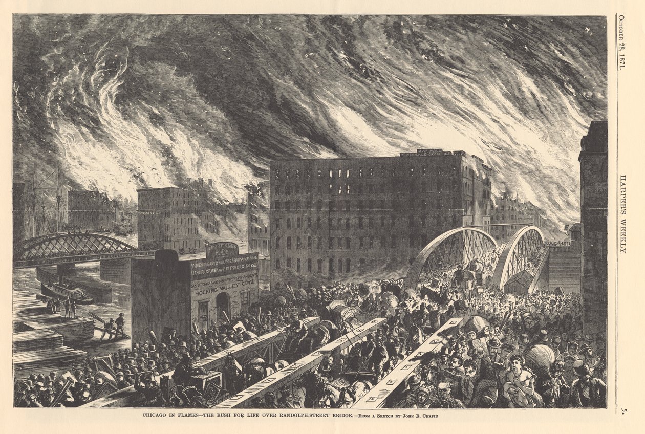 Chicago en flammes - la ruée pour la vie sur le pont de la rue Randolph, illustration de Harper