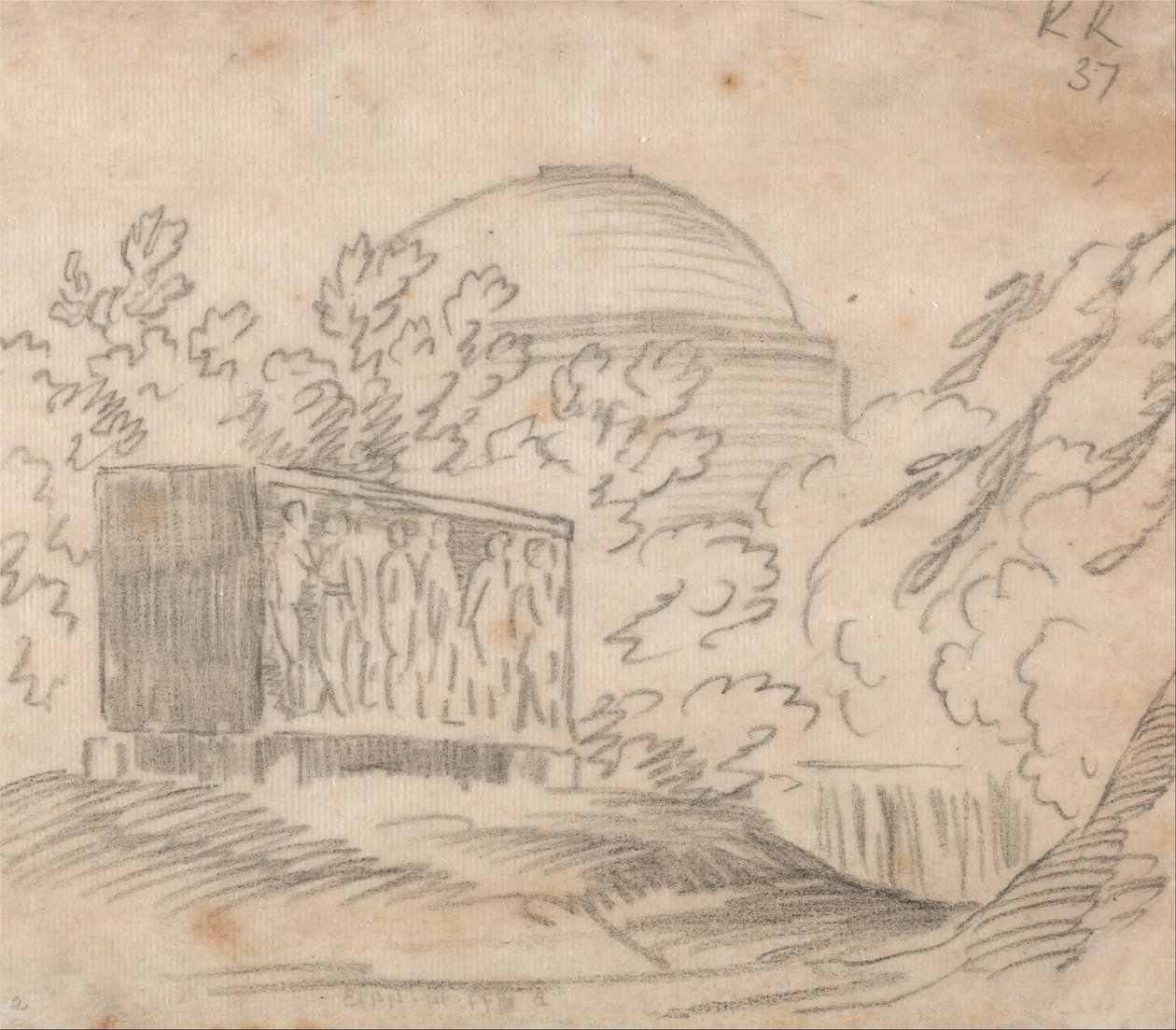 Un sarcophage derrière un bâtiment à coupole - John Robert Cozens