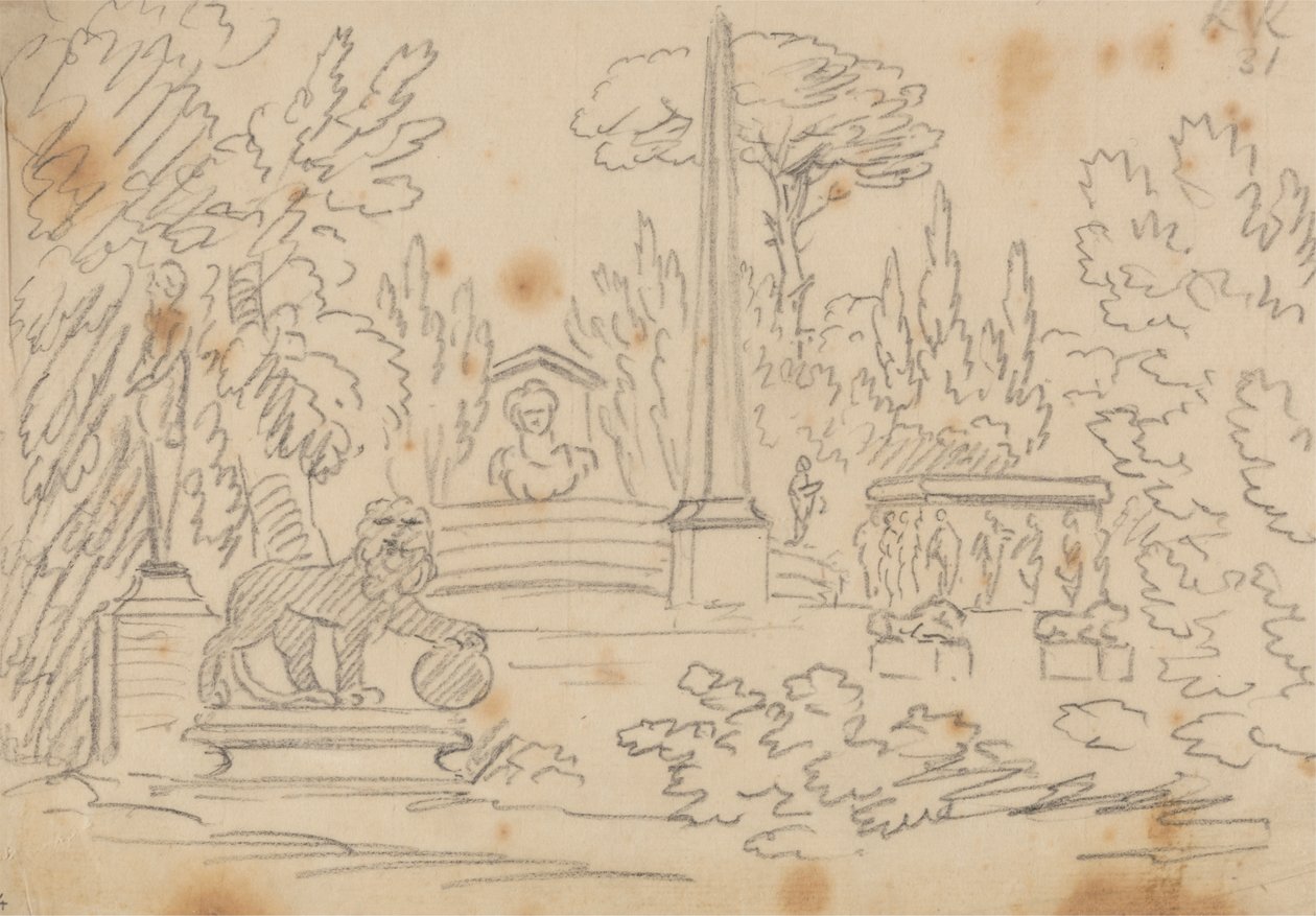 Obélisque et statues dans un jardin - John Robert Cozens