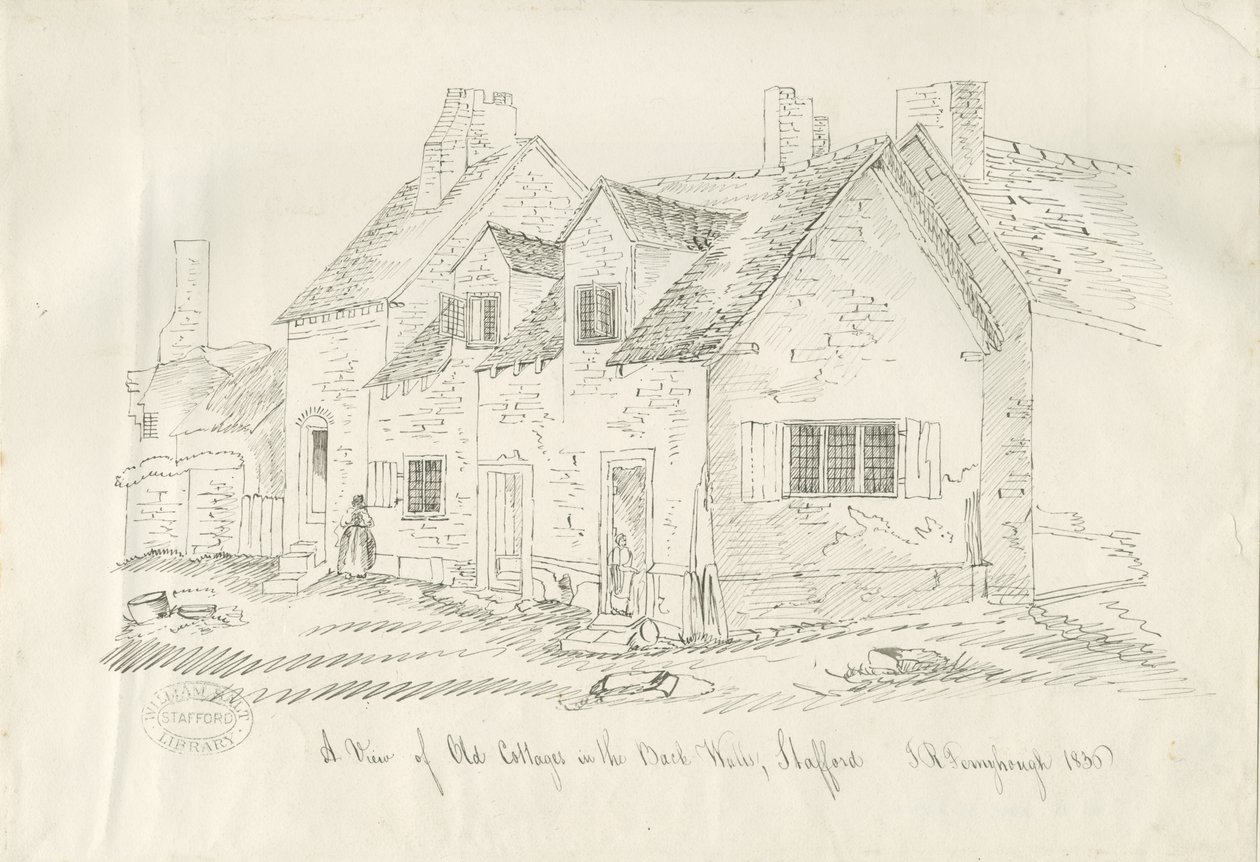 Stafford - Vieux cottage dans les murs arrière : dessin à la plume et à l