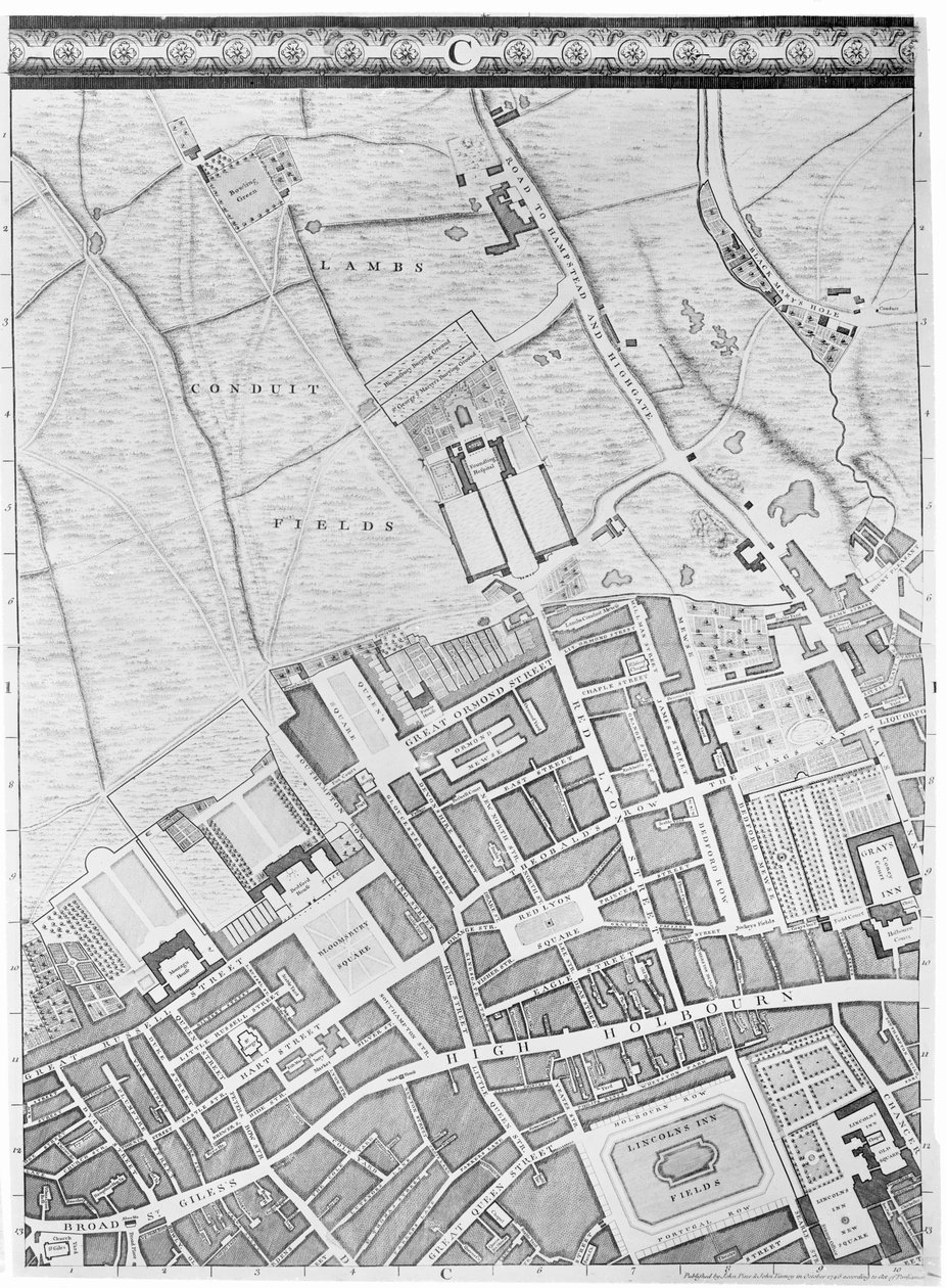 Carte de Bloomsbury et Holborn, Londres, 1746 - John Rocque