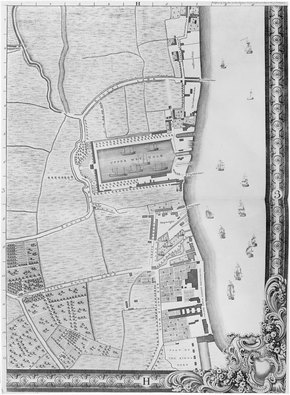 Carte des docks de Lower Rotherhithe, Londres, 1746 (gravure) - John Rocque