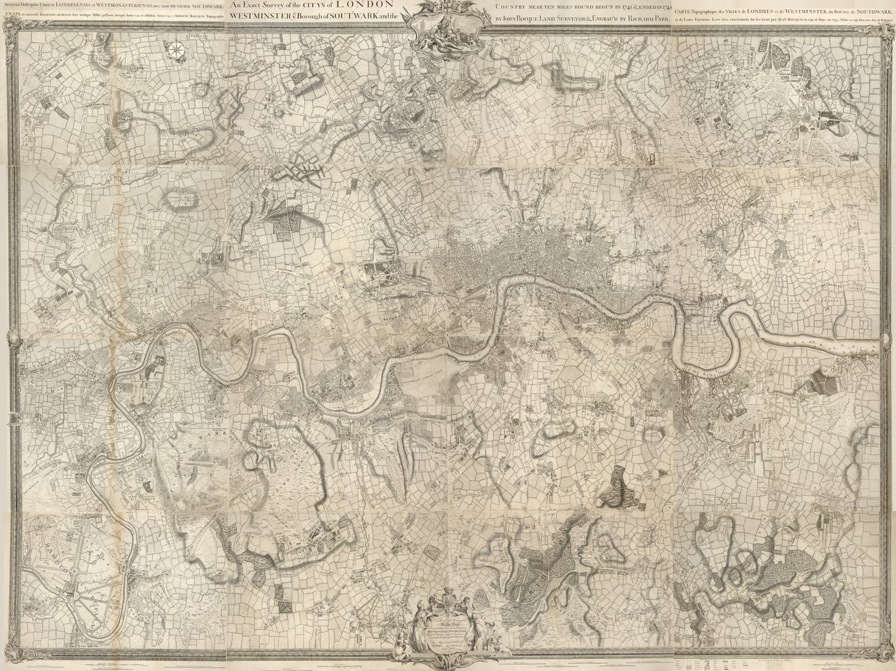 Carte du XVIIIe siècle de Londres. Enquête exacte sur les villes de Londres, Westminster, le quartier de Southwark et le pays à dix miles autour commencée en 1741 et terminée en 1745 / par John Rocque arpenteur et (gravée) par Richard Parr - John Rocque