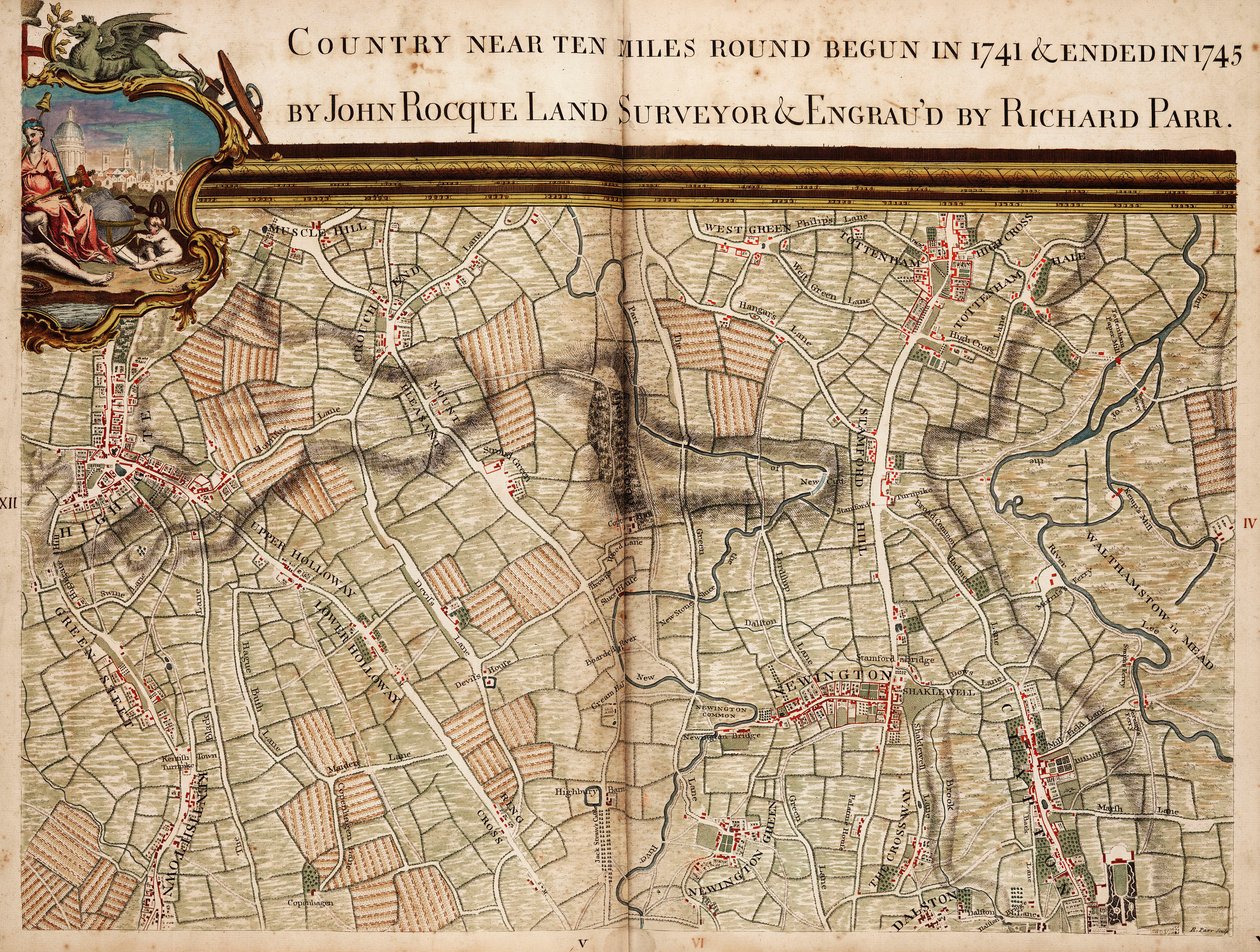 Carte de Highgate, Kentish Town, Holloway, Tottenham et Newington - John Rocque