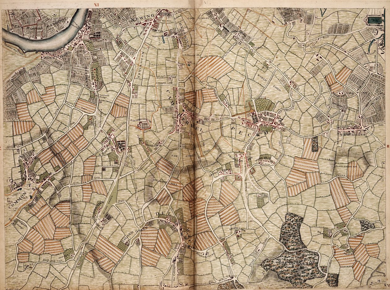 Carte de Vauxhall, Clapham, Peckham et Dulwich - John Rocque