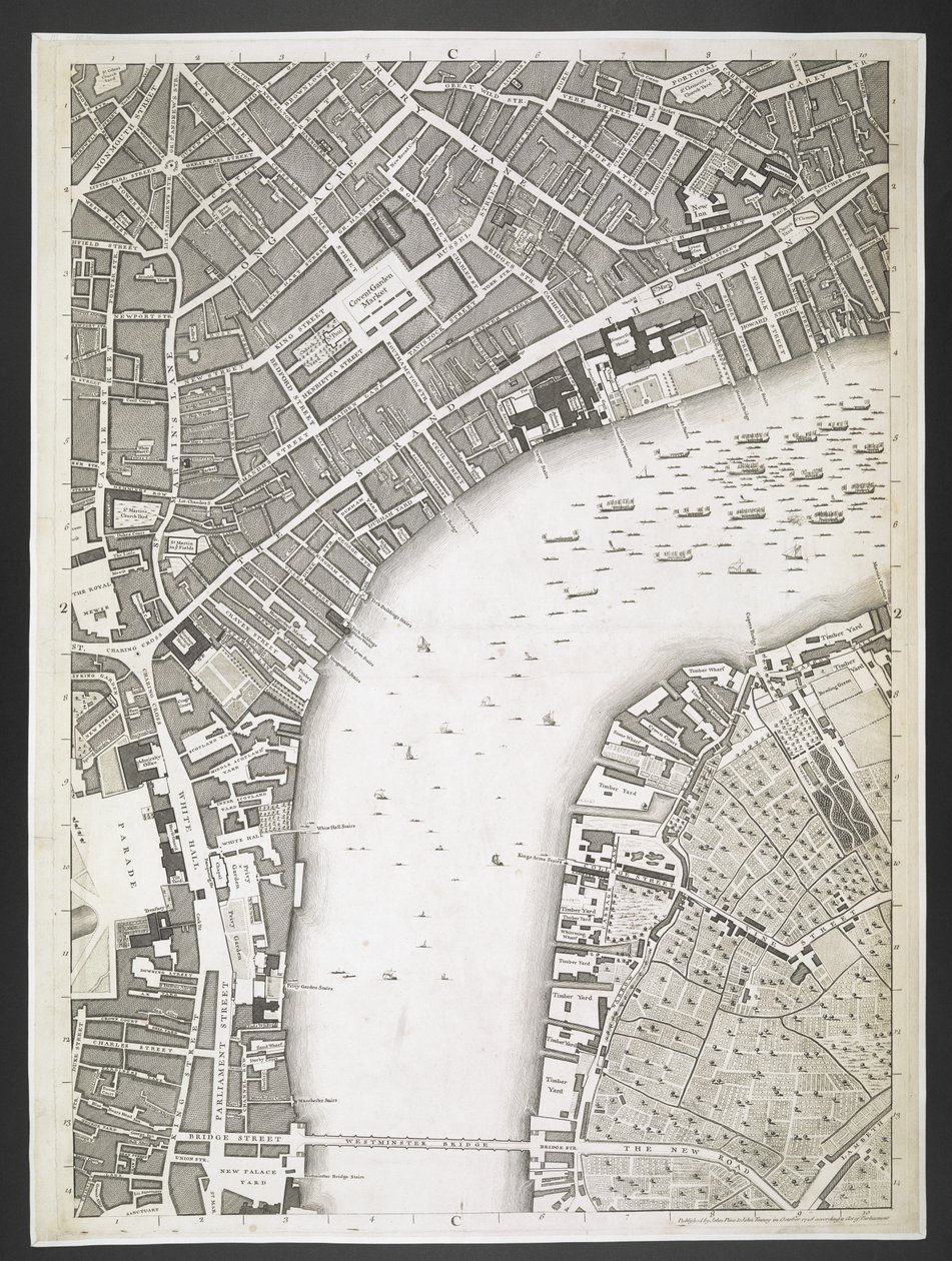 Plan de Londres, The Strand, Westminster bridge, Plan des villes de Londres et Westminster, et du borough de Southwark; : avec les bâtiments contigus; D
