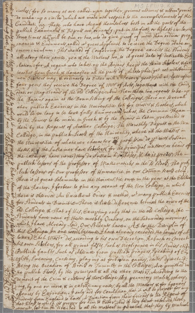 Lettre de John Row, étudiant à St Andrews, à son oncle, 1691 - John Row