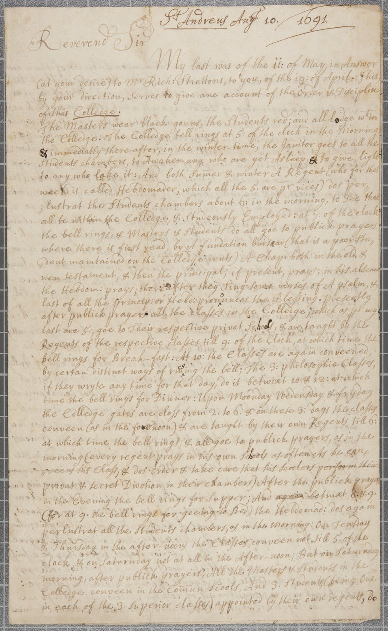 Lettre de John Row, étudiant à St Andrews, à son oncle, 1691 - John Row