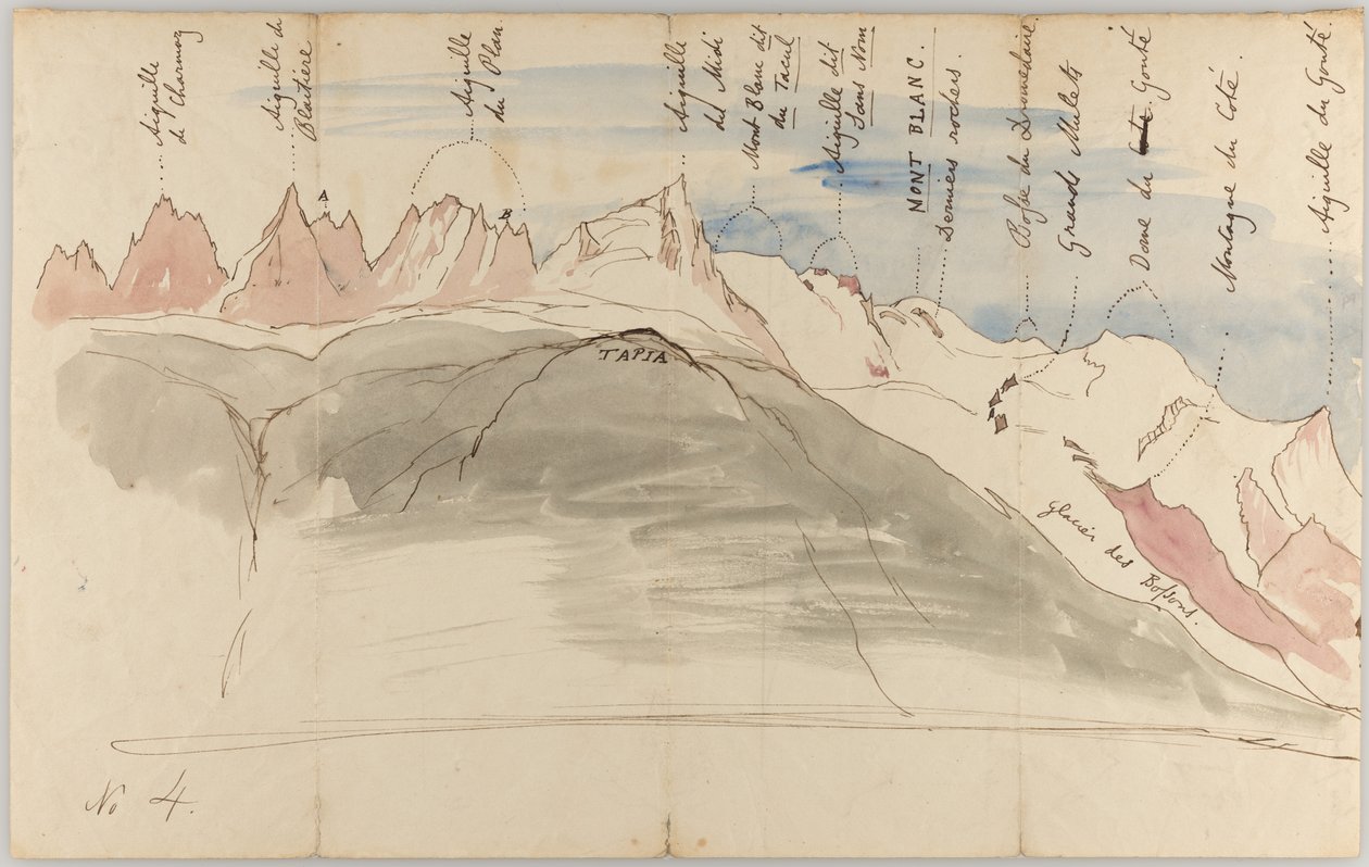 Le massif du Mont-Blanc vu depuis les environs de Chamonix (recto) ; croquis du massif du Mont-Blanc depuis le Tapia, au-dessus de Chamonix, vu depuis Genève et depuis le Dole (verso) - John Ruskin